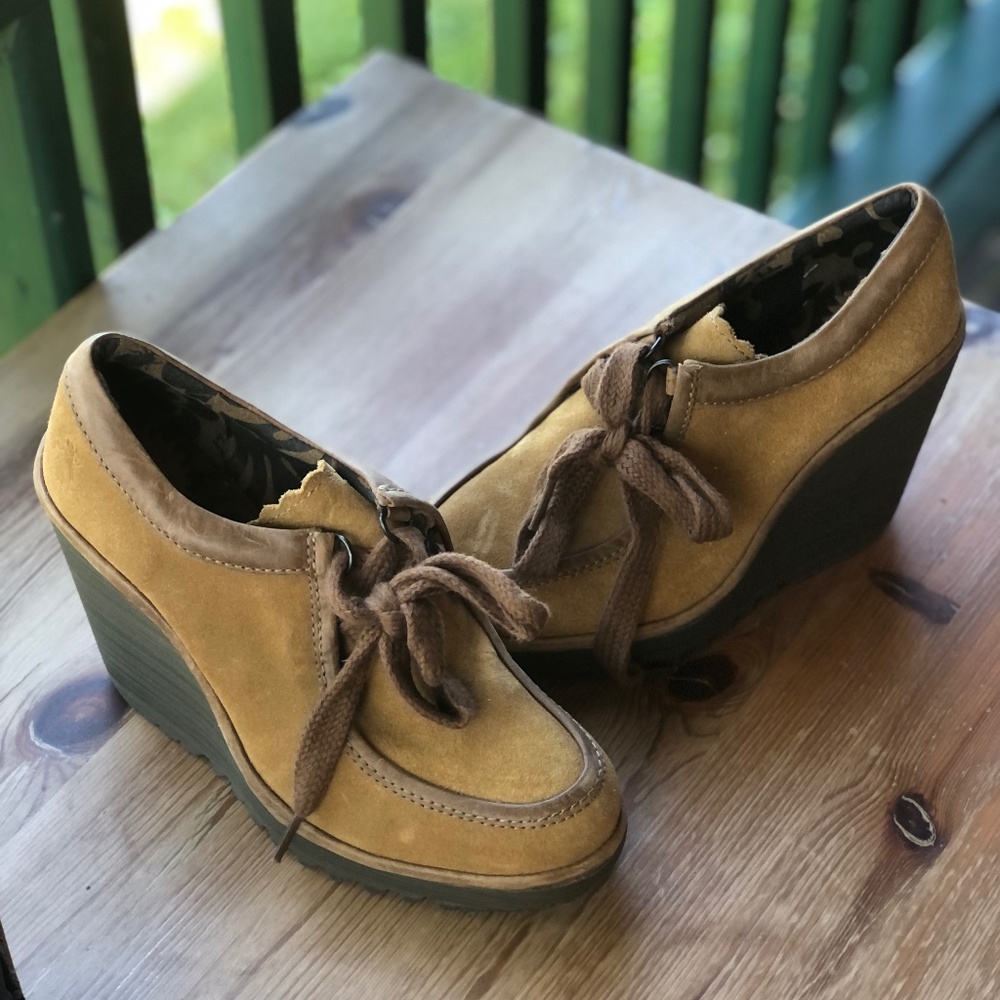 Fly London Tan Suede Wedge Shoes Size 37